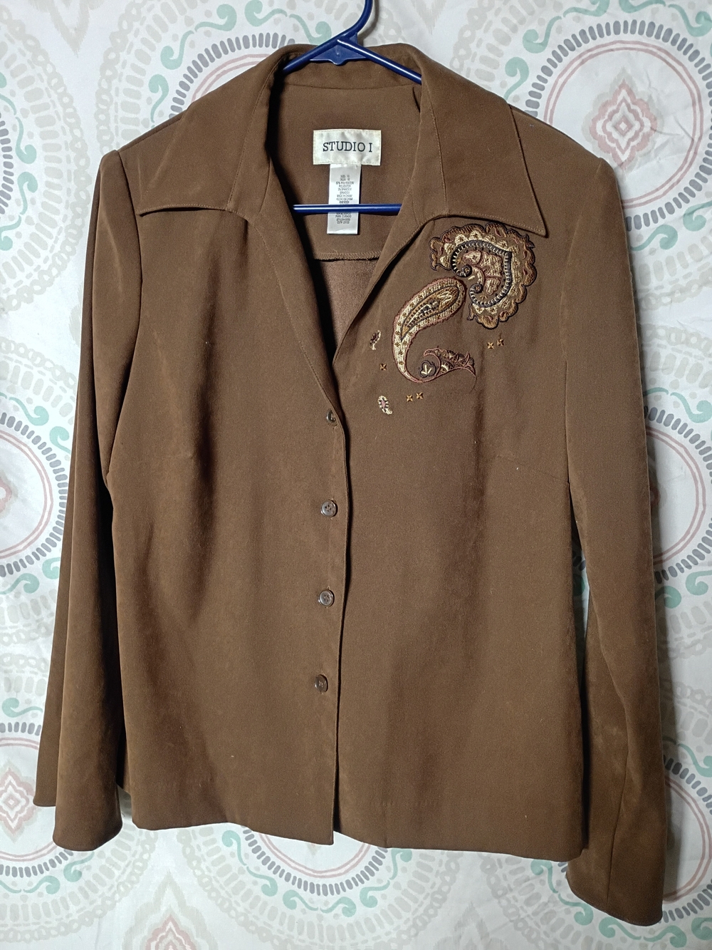 Studio I Brown Embroidered Button-Up Women's Top